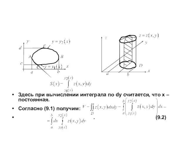 Здесь при вычислении интеграла по dy считается, что x – постоянная. Согласно (9.1) получим: . (9.2)