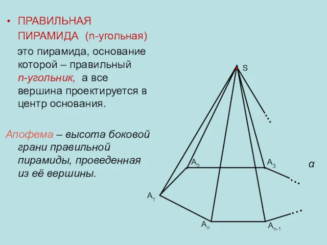 ПРАВИЛЬНАЯ ПИРАМИДА (n-угольная) это пирамида, основание которой – правильный n-угольник,