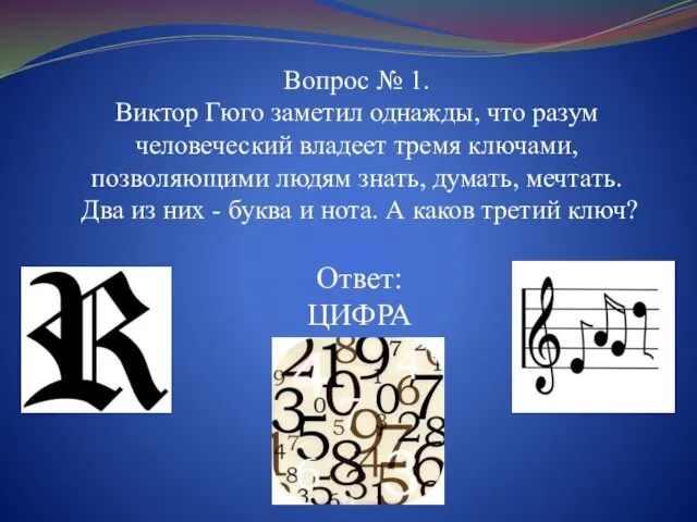 Ответ: ЦИФРА Вопрос № 1. Виктор Гюго заметил однажды, что