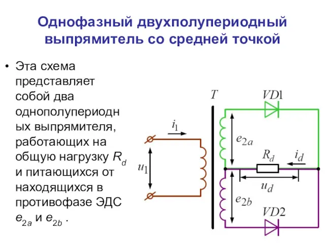 Однофазный двухполупериодный выпрямитель со средней точкой Эта схема представляет собой