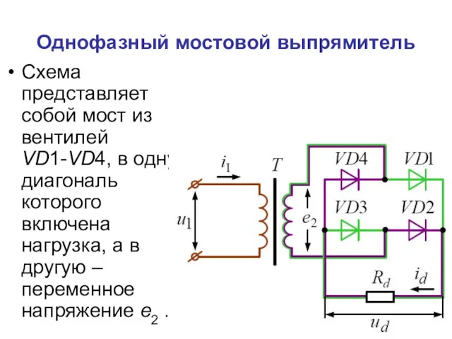 Однофазный мостовой выпрямитель Схема представляет собой мост из вентилей VD1-VD4,