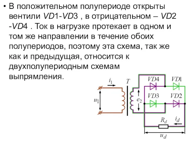 В положительном полупериоде открыты вентили VD1-VD3 , в отрицательном –