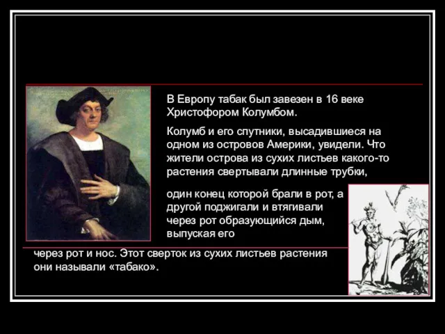 В Европу табак был завезен в 16 веке Христофором Колумбом.