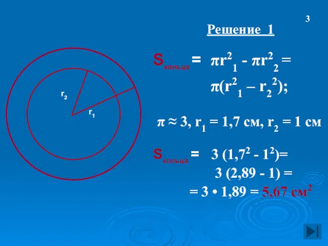 Решение 1 Sкольца = πr21 - πr22 = π(r21 –