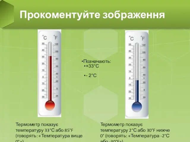 Прокоментуйте зображення Термометр показує температуру 33°С або 85°F (говорять: «Температура