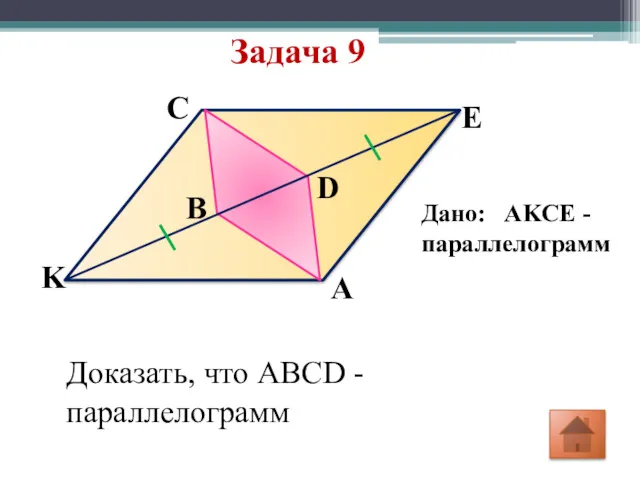 Задача 9 K E D B A C Дано: AKCE -параллелограмм Доказать, что ABCD - параллелограмм