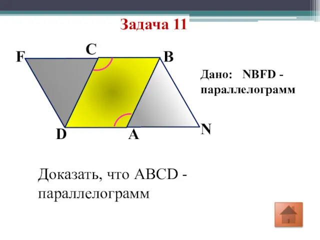 Задача 11 N F C B D A Дано: NBFD -параллелограмм Доказать, что ABCD - параллелограмм