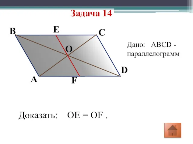 Задача 14 F E D O C A B Дано: ABCD -параллелограмм Доказать: