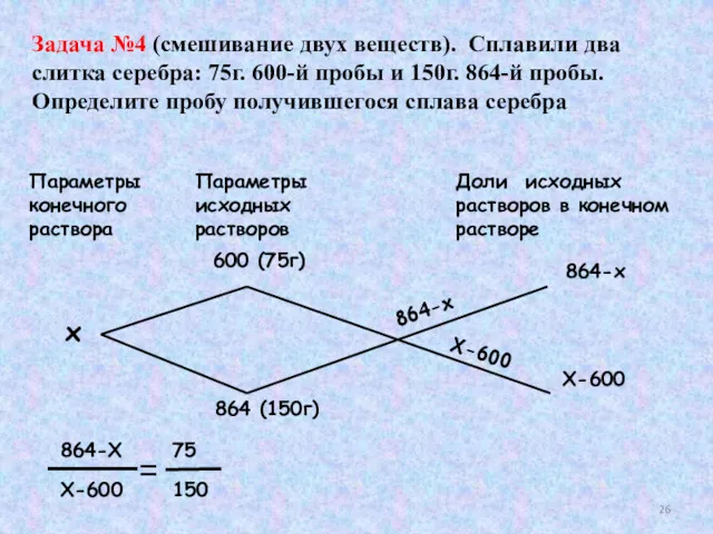 Задача №4 (смешивание двух веществ). Сплавили два слитка серебра: 75г.