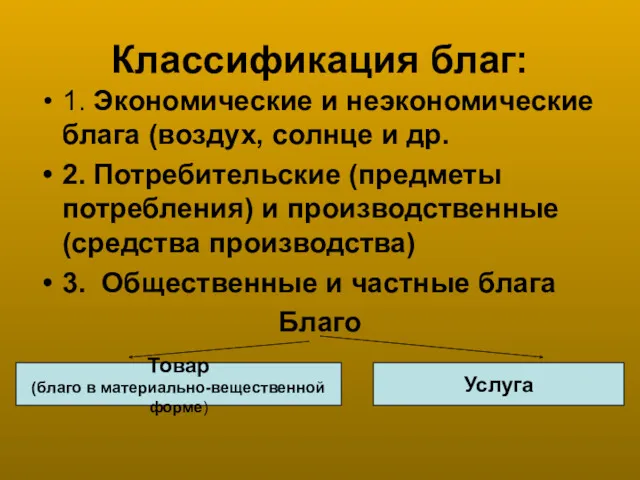 Классификация благ: 1. Экономические и неэкономические блага (воздух, солнце и