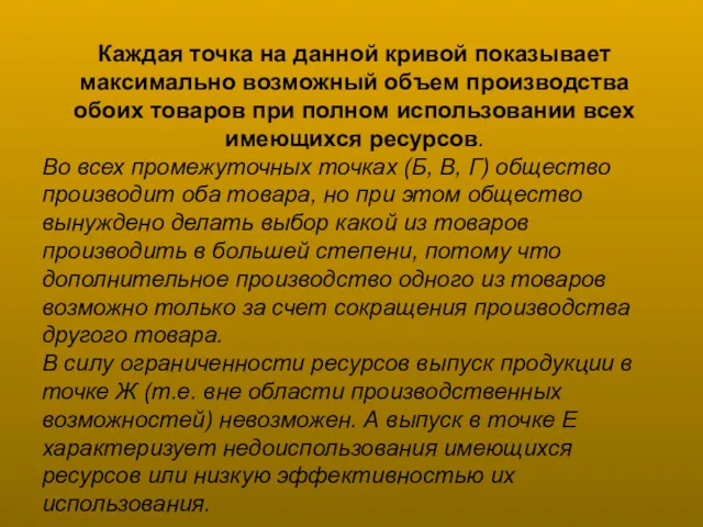 Каждая точка на данной кривой показывает максимально возможный объем производства