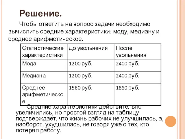 Решение. Чтобы ответить на вопрос задачи необходимо вычислить средние характеристики: