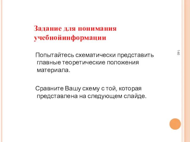 Задание для понимания учебнойинформации Попытайтесь схематически представить главные теоретические положения