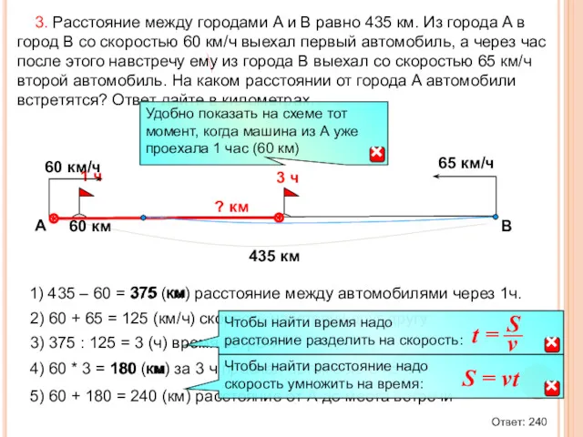 3. Расстояние между городами A и B равно 435 км.