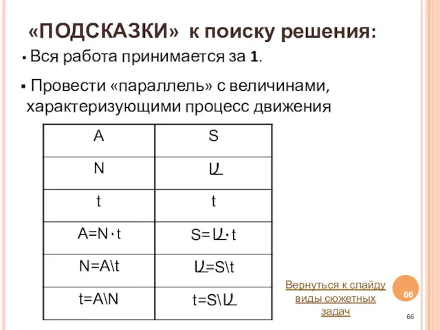 «ПОДСКАЗКИ» к поиску решения: Вся работа принимается за 1. Провести