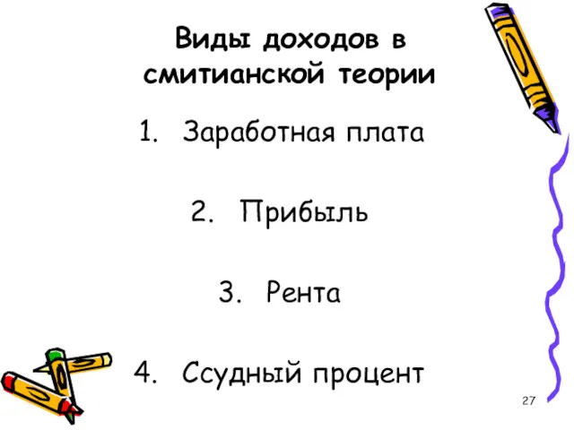 Виды доходов в смитианской теории Заработная плата Прибыль Рента Ссудный процент