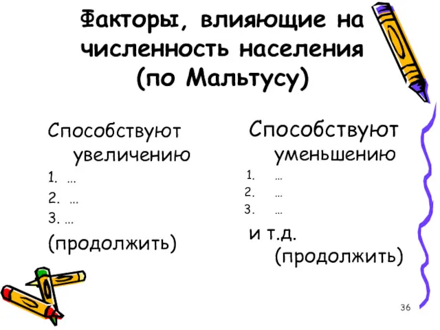 Факторы, влияющие на численность населения (по Мальтусу) Способствуют увеличению 1.