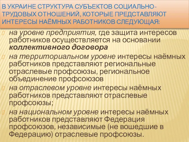 В УКРАИНЕ СТРУКТУРА СУБЪЕКТОВ СОЦИАЛЬНО-ТРУДОВЫХ ОТНОШЕНИЙ, КОТОРЫЕ ПРЕДСТАВЛЯЮТ ИНТЕРЕСЫ НАЁМНЫХ