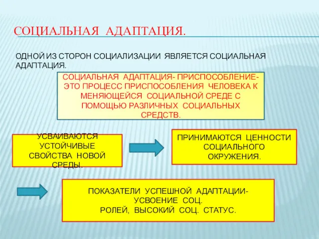 СОЦИАЛЬНАЯ АДАПТАЦИЯ. ОДНОЙ ИЗ СТОРОН СОЦИАЛИЗАЦИИ ЯВЛЯЕТСЯ СОЦИАЛЬНАЯ АДАПТАЦИЯ. СОЦИАЛЬНАЯ