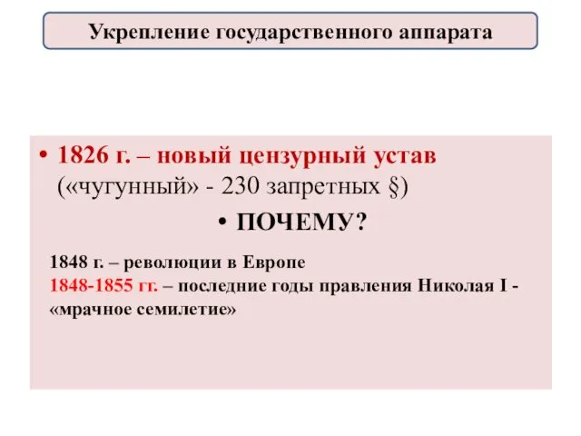 1826 г. – новый цензурный устав («чугунный» - 230 запретных