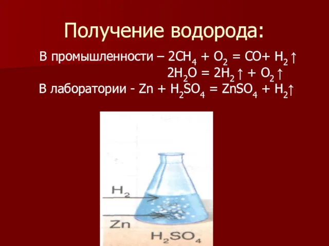 Получение водорода: В промышленности – 2СН4 + О2 = СО+ Н2 ↑ 2H2O