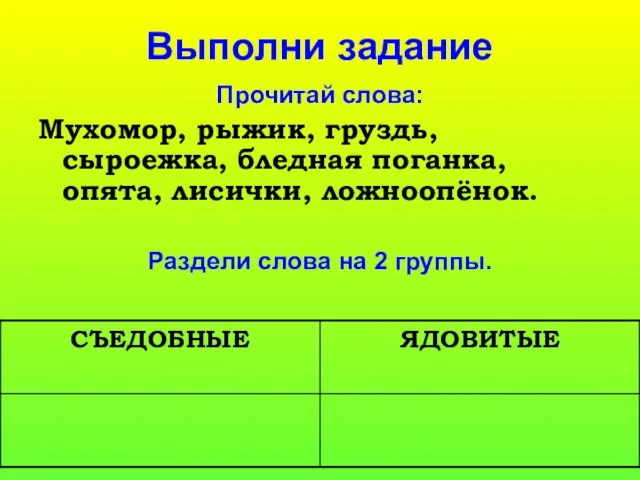 Выполни задание Прочитай слова: Мухомор, рыжик, груздь, сыроежка, бледная поганка,