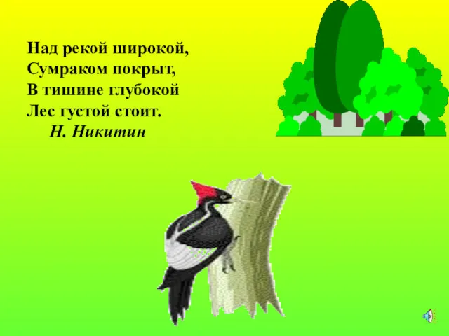 Над рекой широкой, Сумраком покрыт, В тишине глубокой Лес густой стоит. Н. Никитин