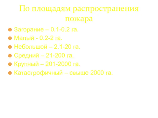 По площадям распространения пожара Загорание – 0.1-0.2 га. Малый -