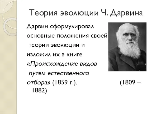 Теория эволюции Ч. Дарвина Дарвин сформулировал основные положения своей теории