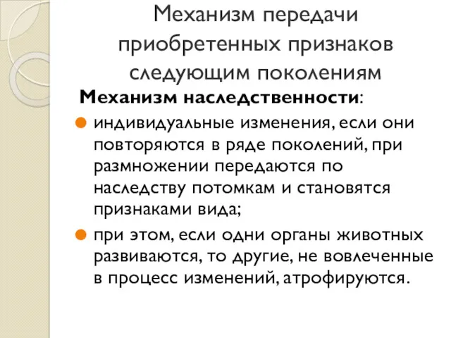 Механизм передачи приобретенных признаков следующим поколениям Механизм наследственности: индивидуальные изменения,