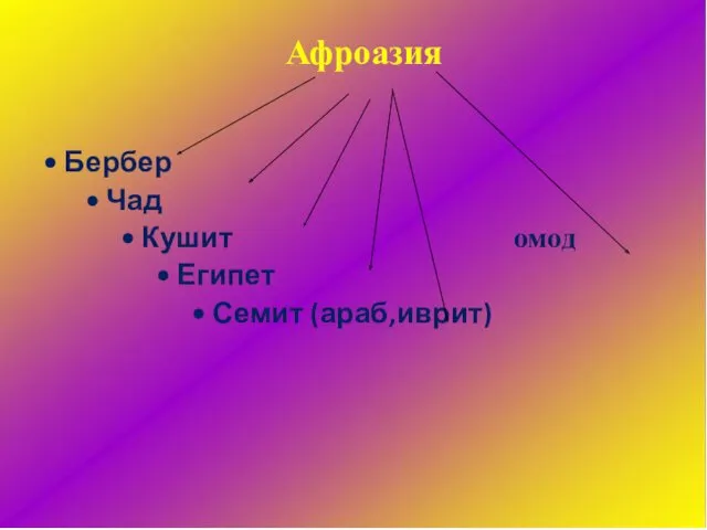 Афроазия • Бербер • Чад • Кушит омод • Египет • Семит (араб,иврит)