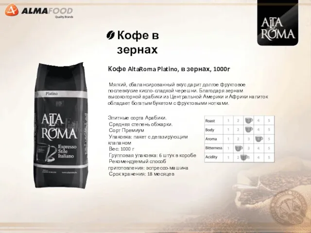 Кофе в зернах Кофе AltaRoma Platino, в зернах, 1000г Мягкий,