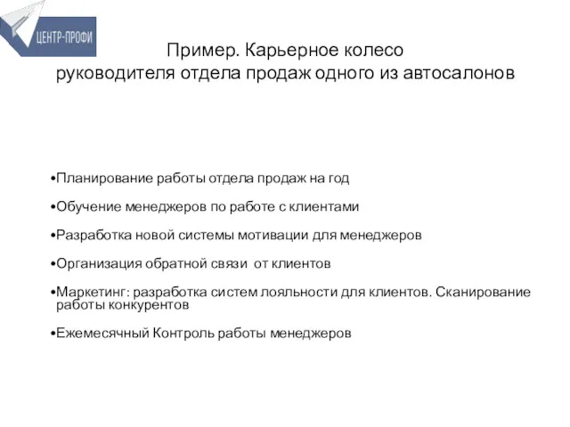 Пример. Карьерное колесо руководителя отдела продаж одного из автосалонов Планирование