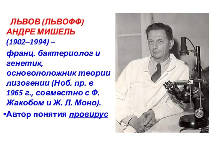 ЛЬВОВ (ЛЬВОФФ) АНДРЕ МИШЕЛЬ (1902–1994) – франц. бактериолог и генетик, основоположник теории лизогении