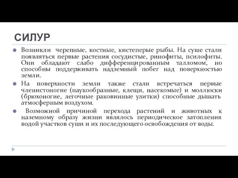 СИЛУР Возникли черепные, костные, кистеперые рыбы. На суше стали появляться