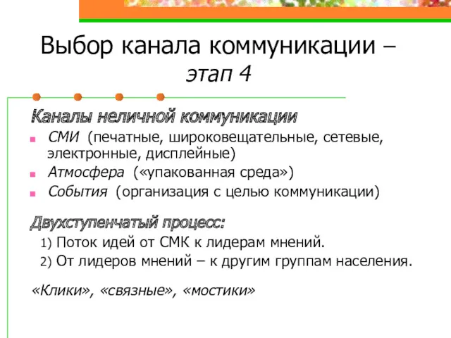 Выбор канала коммуникации – этап 4 Каналы неличной коммуникации СМИ (печатные, широковещательные, сетевые,