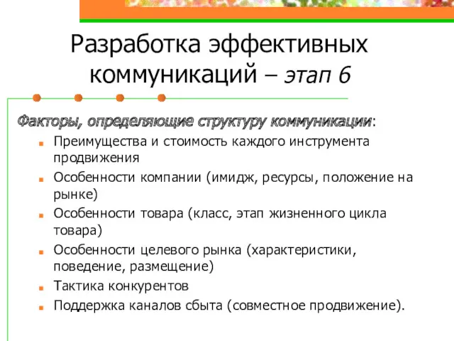 Разработка эффективных коммуникаций – этап 6 Факторы, определяющие структуру коммуникации: