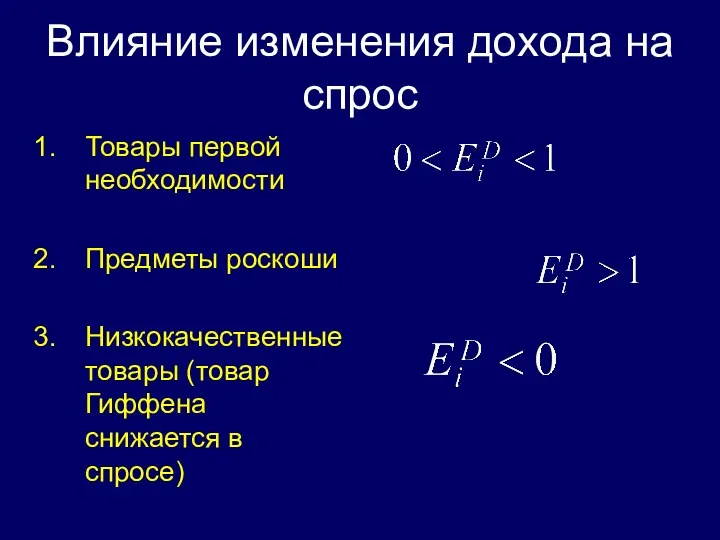 Влияние изменения дохода на спрос Товары первой необходимости Предметы роскоши