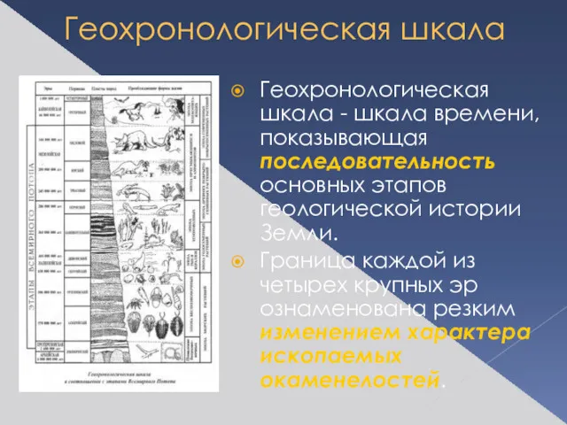 Геохронологическая шкала Геохронологическая шкала - шкала времени, показывающая последовательность основных этапов геологической истории