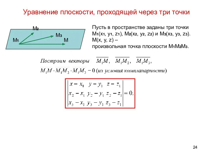 Уравнение плоскости, проходящей через три точки Пусть в пространстве заданы