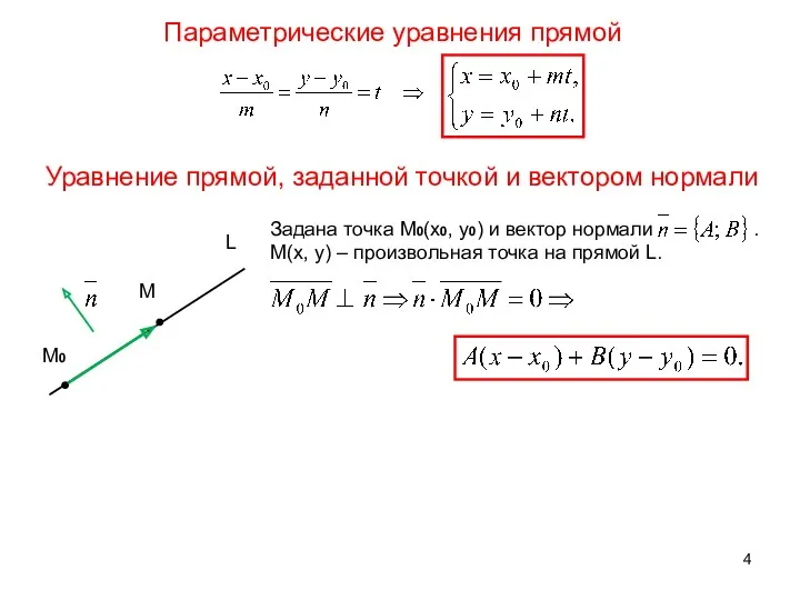 Параметрические уравнения прямой Уравнение прямой, заданной точкой и вектором нормали