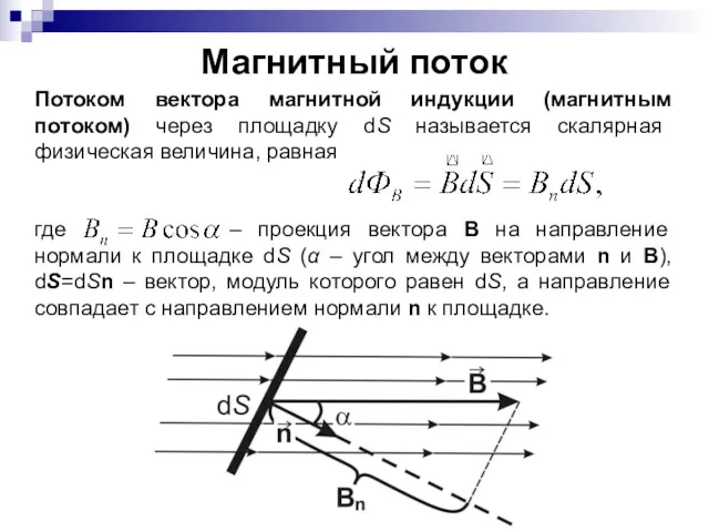 Магнитный поток Потоком вектора магнитной индукции (магнитным потоком) через площадку