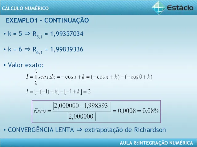 EXEMPLO1 – CONTINUAÇÃO k = 5 ⇒ R5,1 = 1,99357034