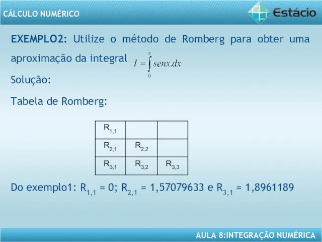 EXEMPLO2: Utilize o método de Romberg para obter uma aproximação