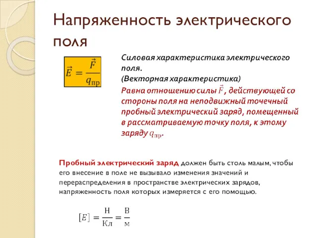 Напряженность электрического поля Пробный электрический заряд должен быть столь малым,