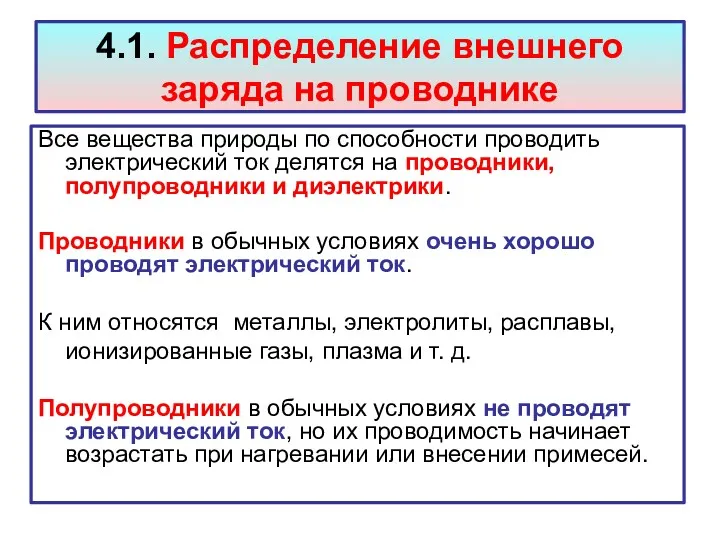 4.1. Распределение внешнего заряда на проводнике Все вещества природы по