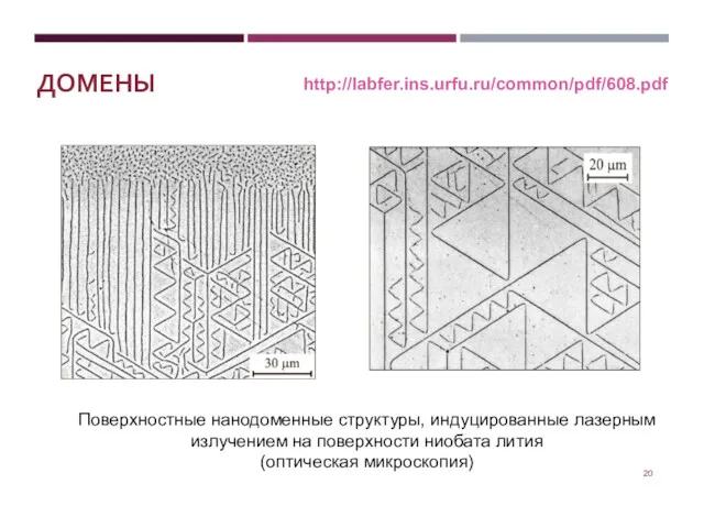 ДОМЕНЫ http://labfer.ins.urfu.ru/common/pdf/608.pdf Поверхностные нанодоменные структуры, индуцированные лазерным излучением на поверхности ниобата лития (оптическая микроскопия)