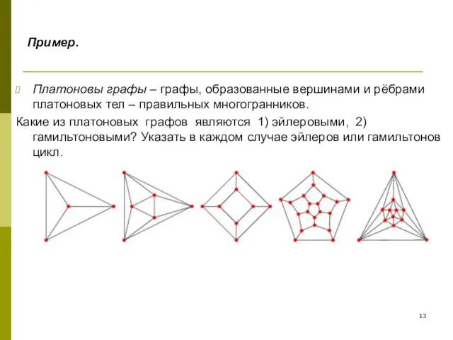 Пример. Платоновы графы – графы, образованные вершинами и рёбрами платоновых тел – правильных