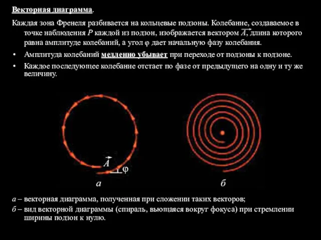 Векторная диаграмма. Каждая зона Френеля разбивается на кольцевые подзоны. Колебание,