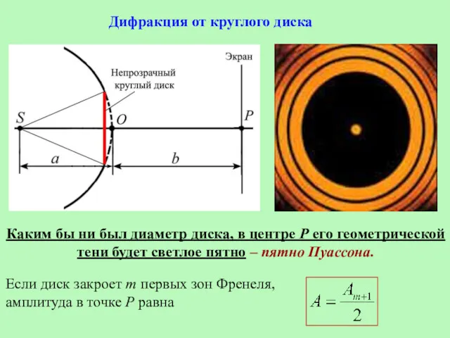 Дифракция от круглого диска Каким бы ни был диаметр диска,